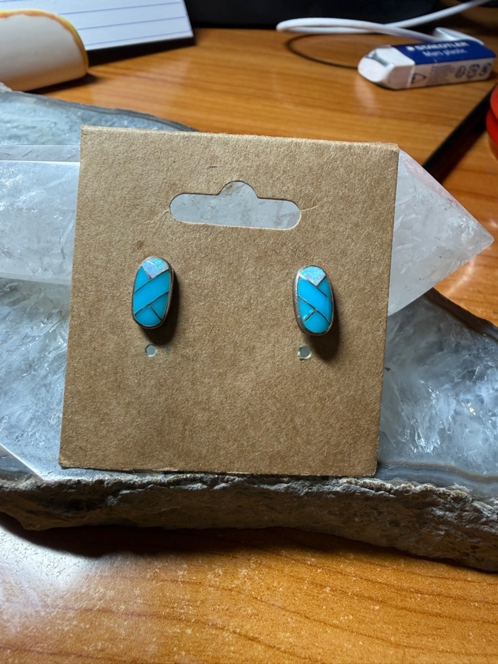 Zuni Native American Turquoise Inlay Oval Opal Turquoise Stud Earrings Signed OR - Picture 6 of 10